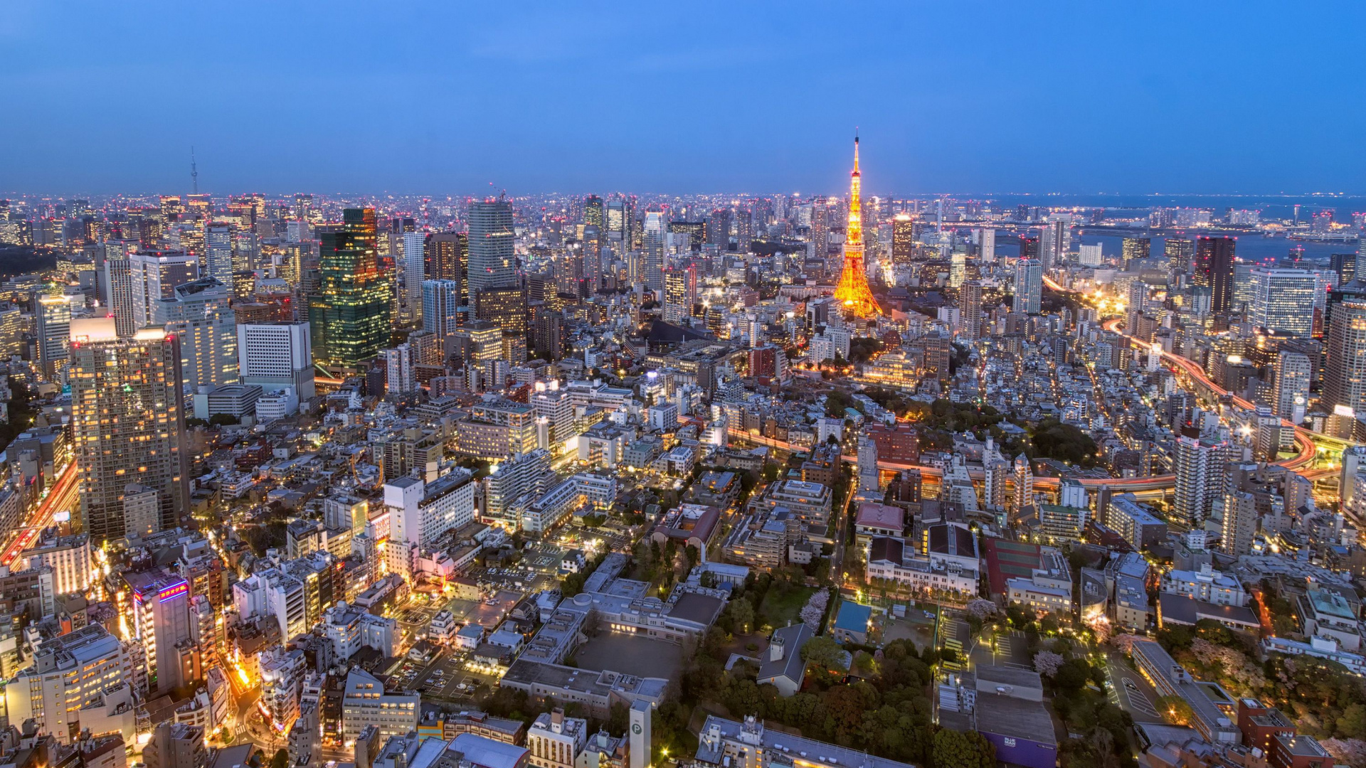 Aerial View of City Buildings During Night Time. Wallpaper in 1920x1080 Resolution