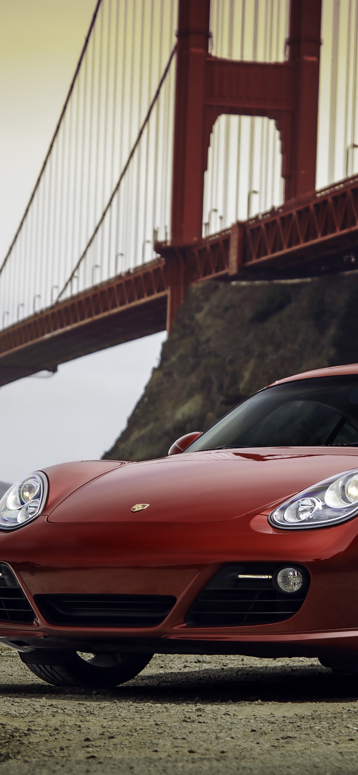 Roter Ferrari 458 Italia Auf Der Golden Gate Bridge. Wallpaper in 1242x2688 Resolution