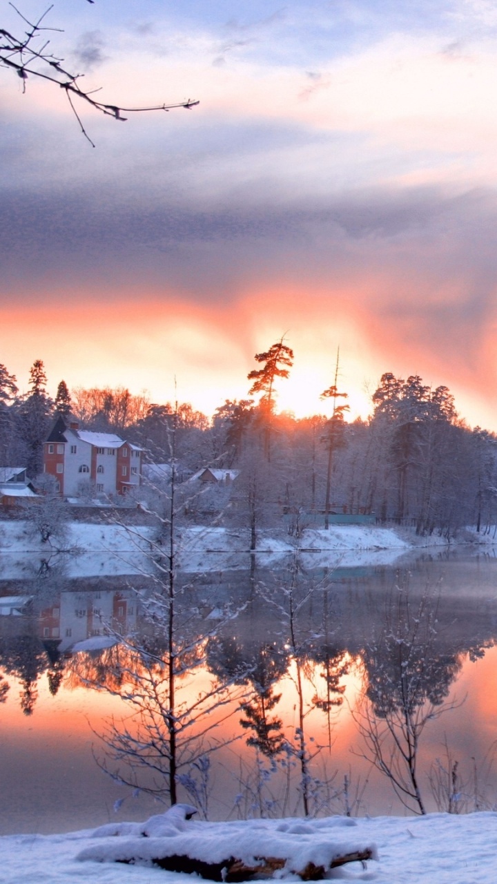 Schneebedeckte Bäume Und Felder Bei Sonnenuntergang. Wallpaper in 720x1280 Resolution