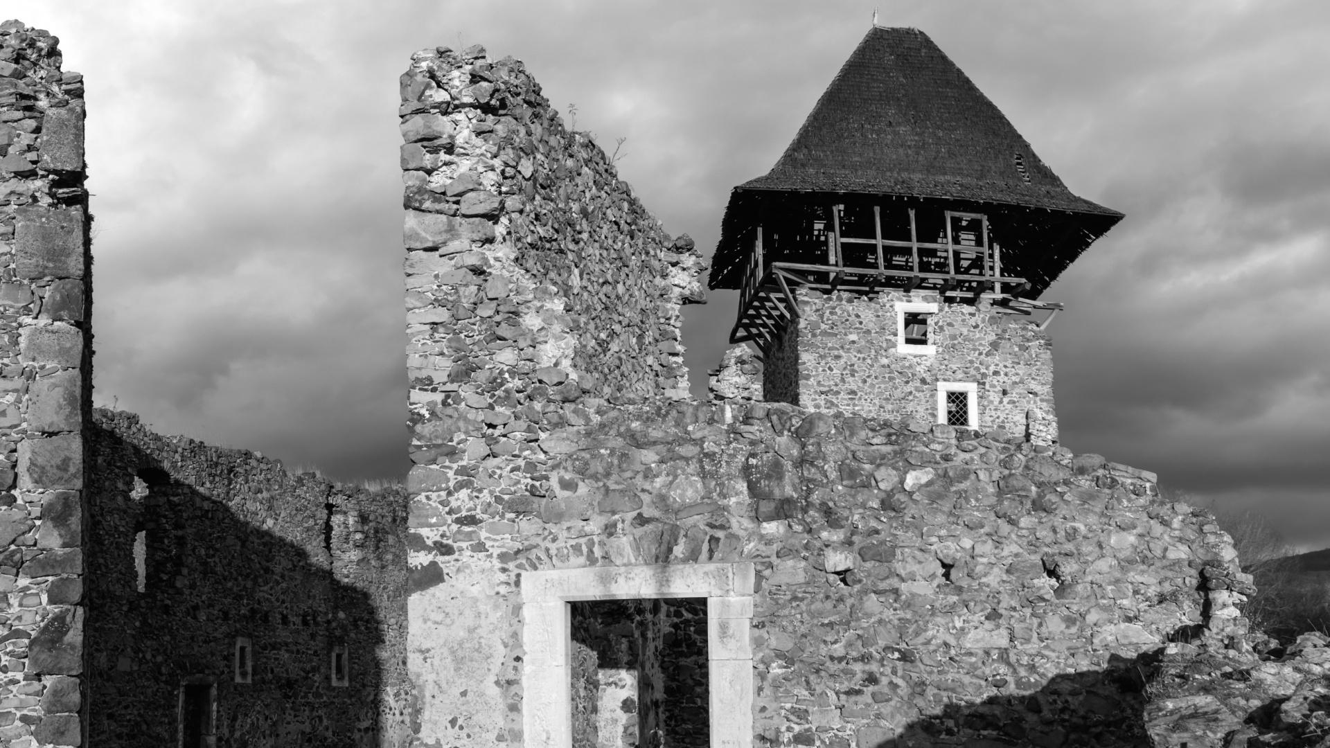 Grayscale Photo of Brick House. Wallpaper in 1920x1080 Resolution