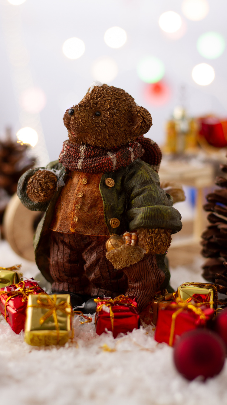 Christmas, Tree, Teddy Bear, Brown, Qhd. Wallpaper in 750x1334 Resolution