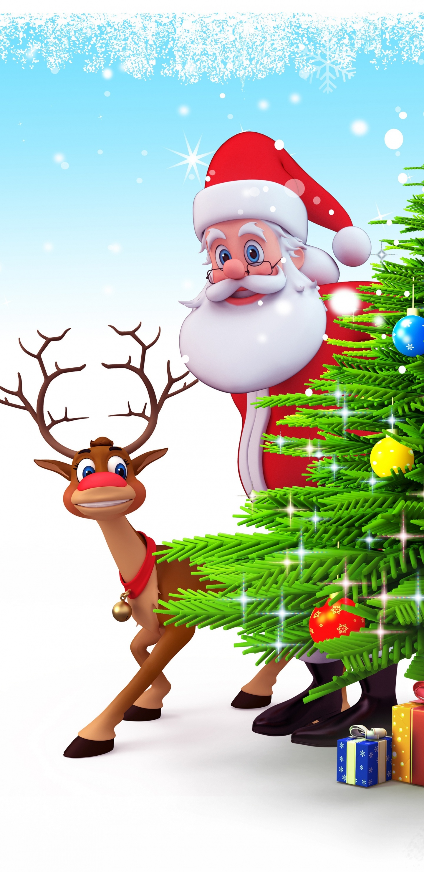 Weihnachtsmann, Rentier, Weihnachten, Weihnachtsbaum, Weihnachtself. Wallpaper in 1440x2960 Resolution
