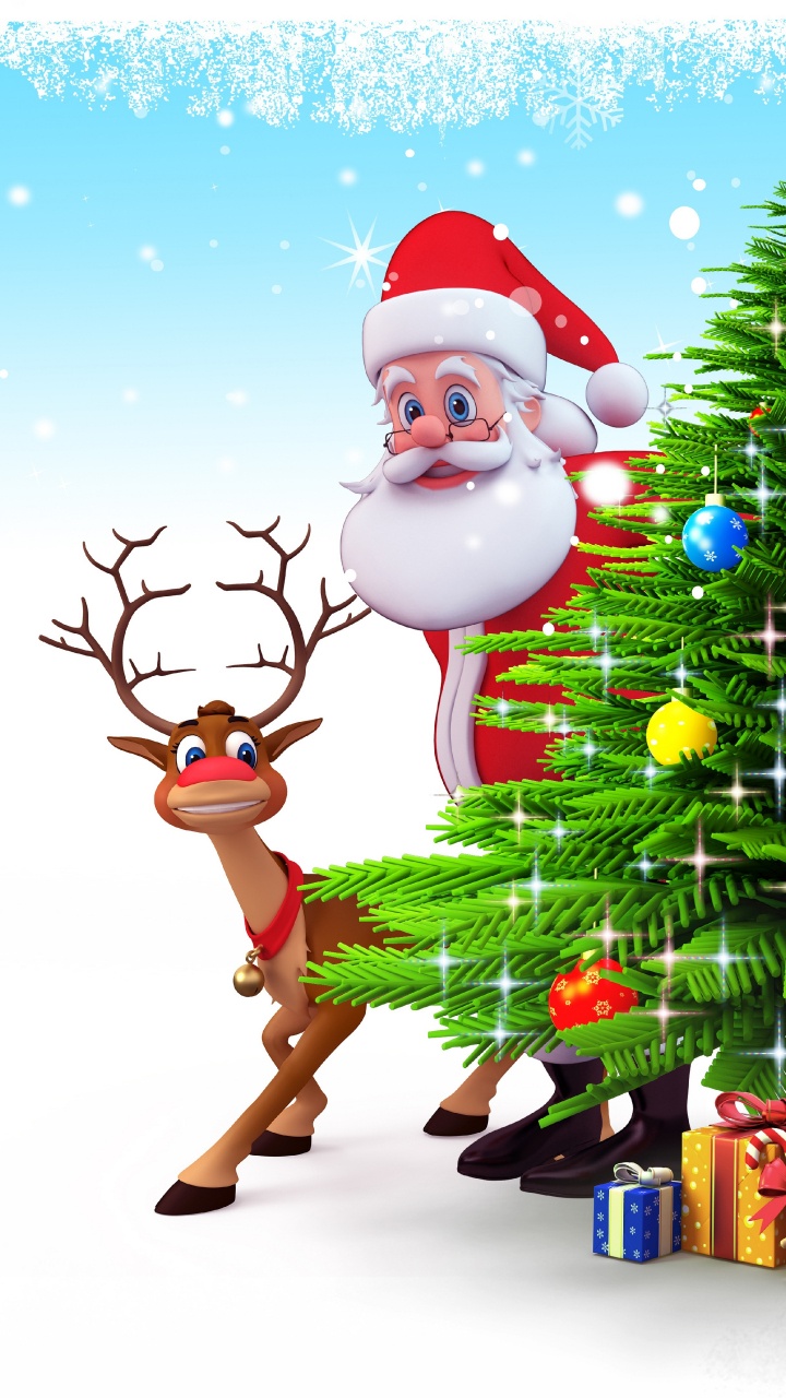 Weihnachtsmann, Rentier, Weihnachten, Weihnachtsbaum, Weihnachtself. Wallpaper in 720x1280 Resolution