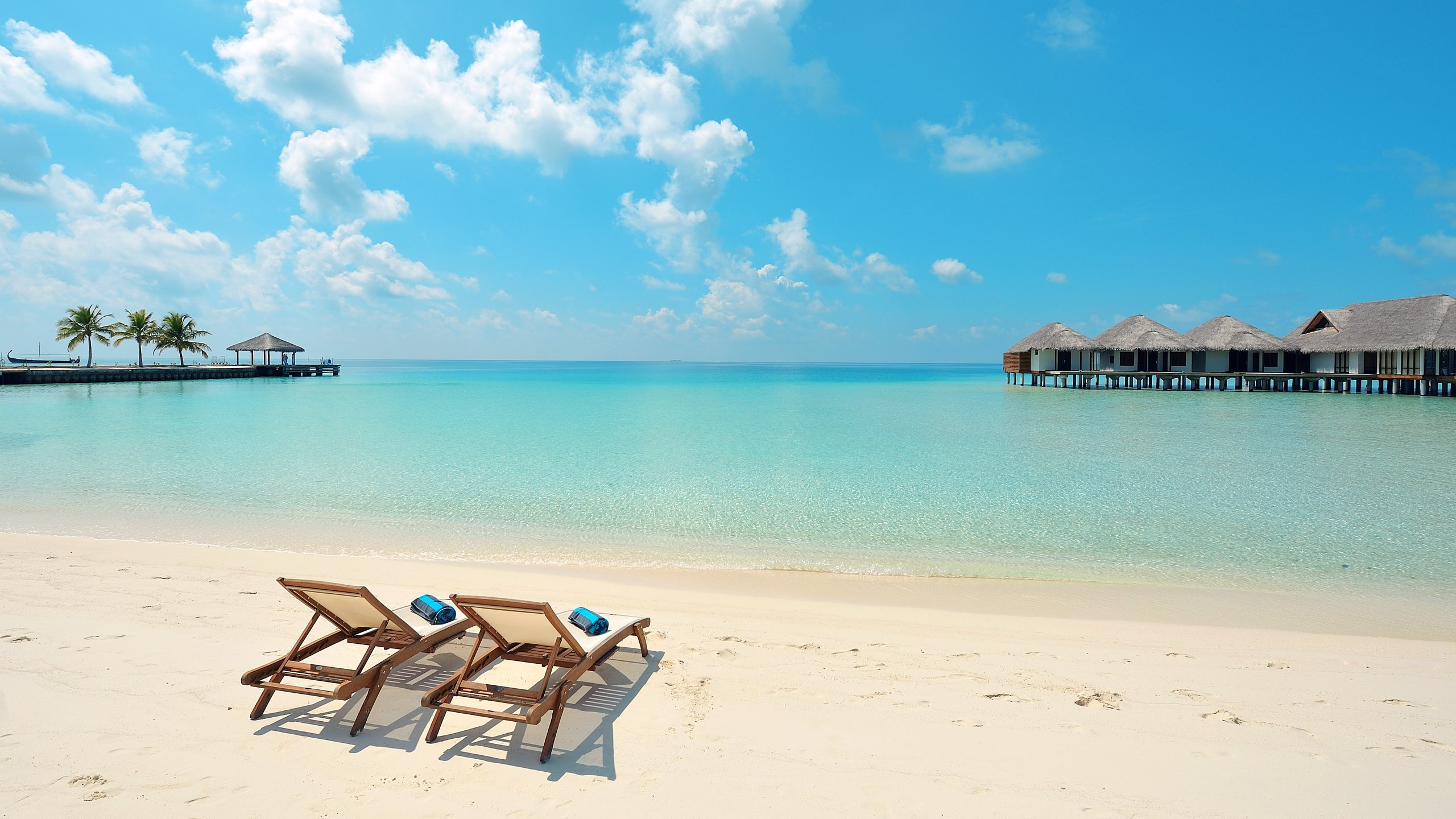 Brown and White Lounge Chairs on Beach During Daytime. Wallpaper in 2560x1440 Resolution