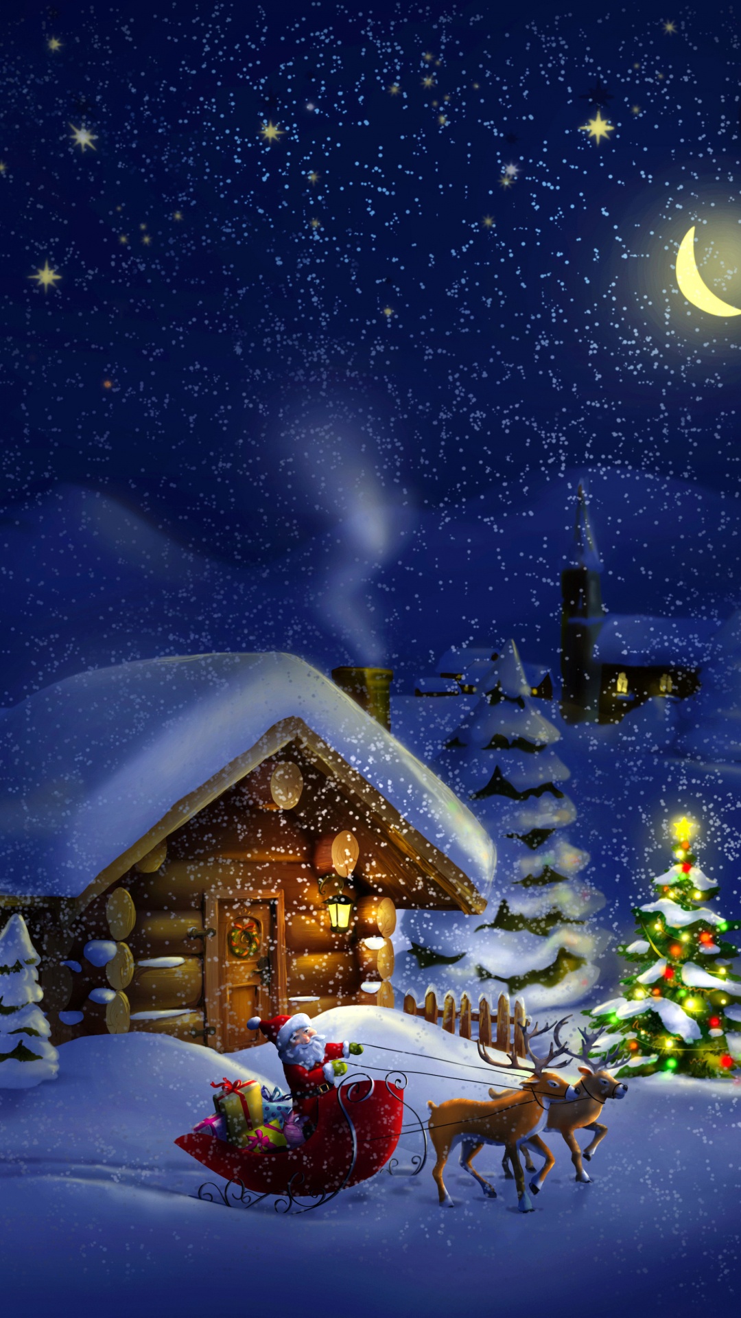Weihnachten, Weihnachtsmann, Winter, Schnee, Nacht. Wallpaper in 1080x1920 Resolution