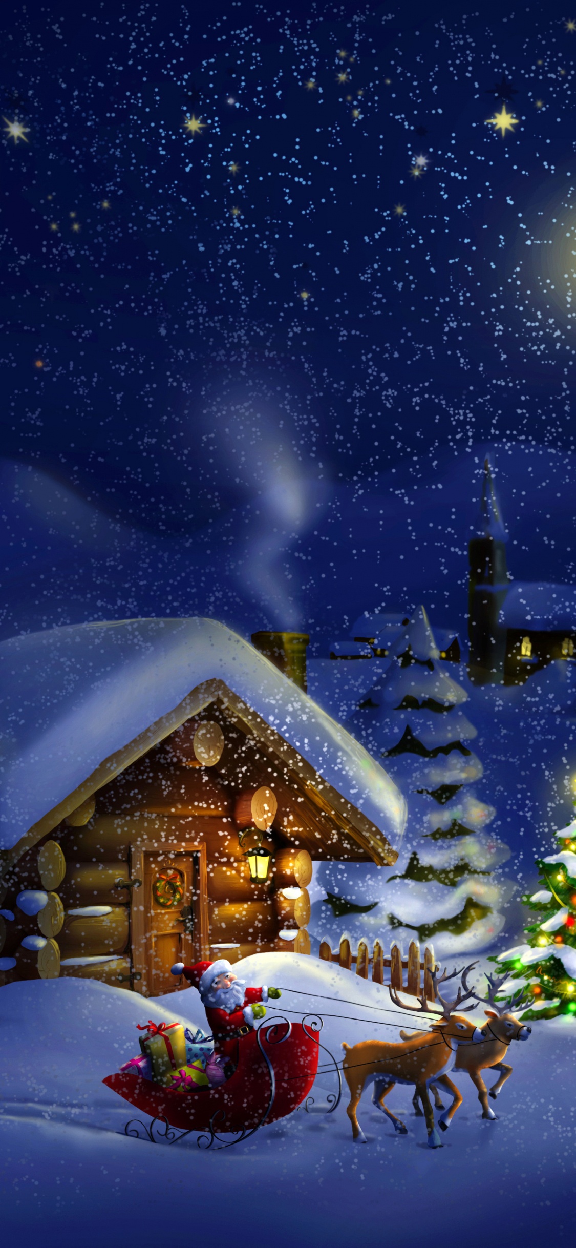Weihnachten, Weihnachtsmann, Winter, Schnee, Nacht. Wallpaper in 1125x2436 Resolution