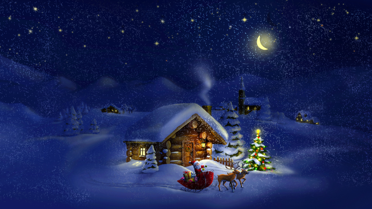 Weihnachten, Weihnachtsmann, Winter, Schnee, Nacht. Wallpaper in 1280x720 Resolution