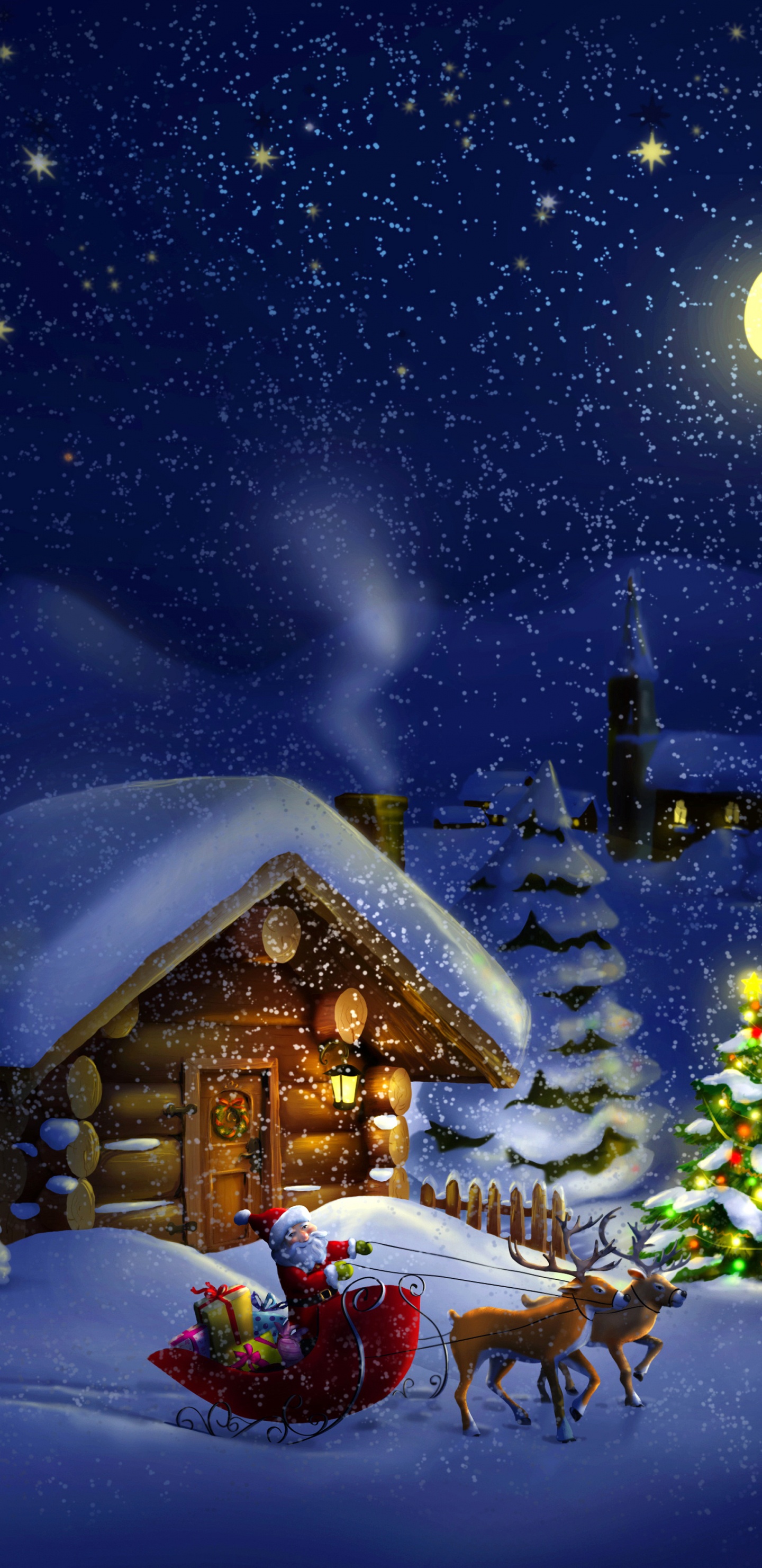 Weihnachten, Weihnachtsmann, Winter, Schnee, Nacht. Wallpaper in 1440x2960 Resolution