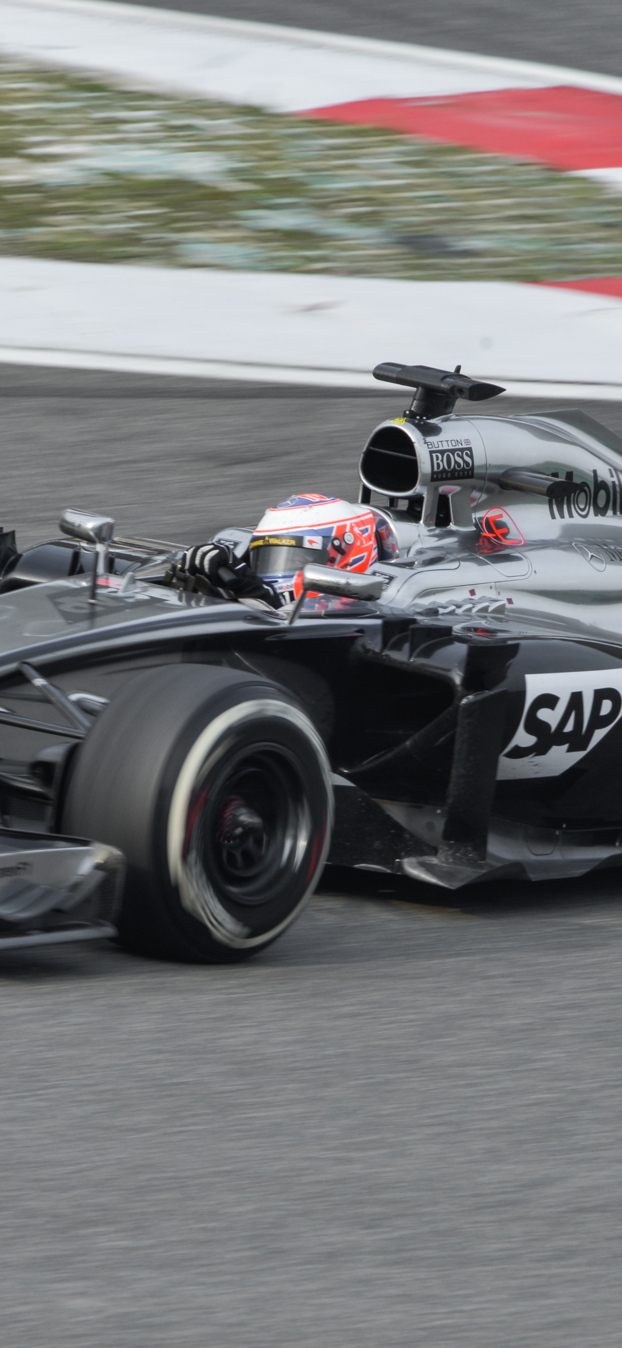 Black and White f 1 Car on Gray Asphalt Road. Wallpaper in 1242x2688 Resolution