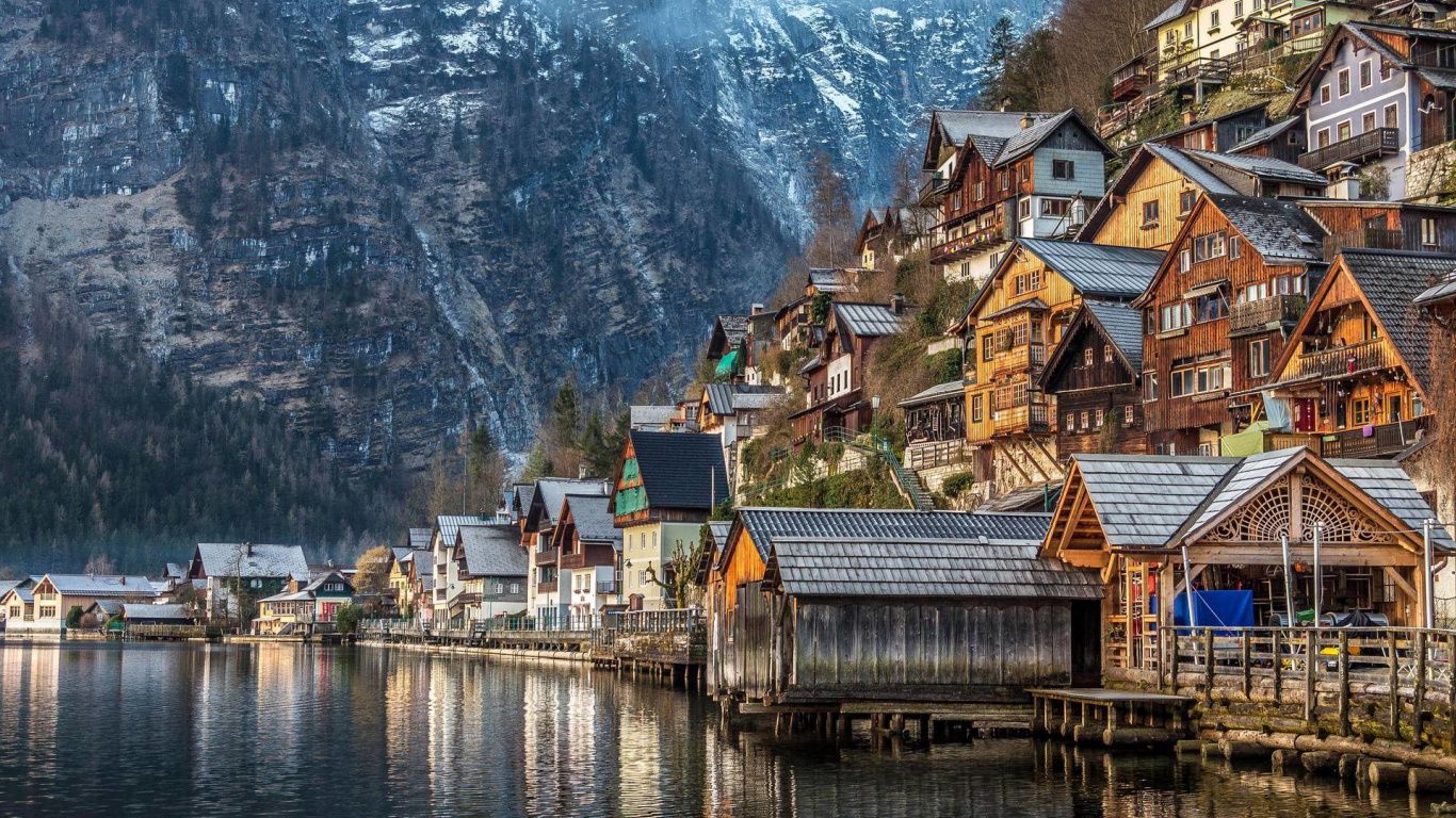 哈尔施塔特, 山村, 性质, 自然景观, 人类住区 壁纸 1366x768 允许