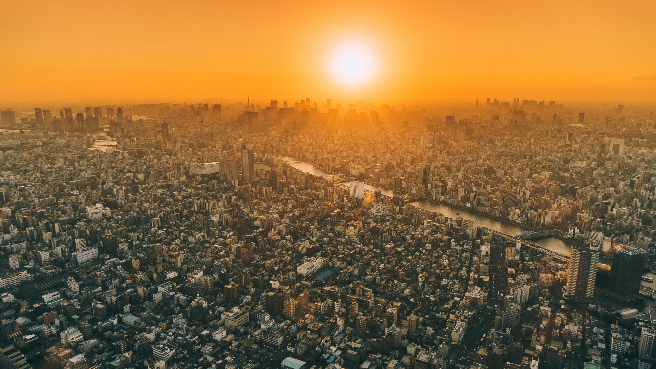 Luftaufnahme Der Stadt Bei Sonnenuntergang. Wallpaper in 2560x1440 Resolution