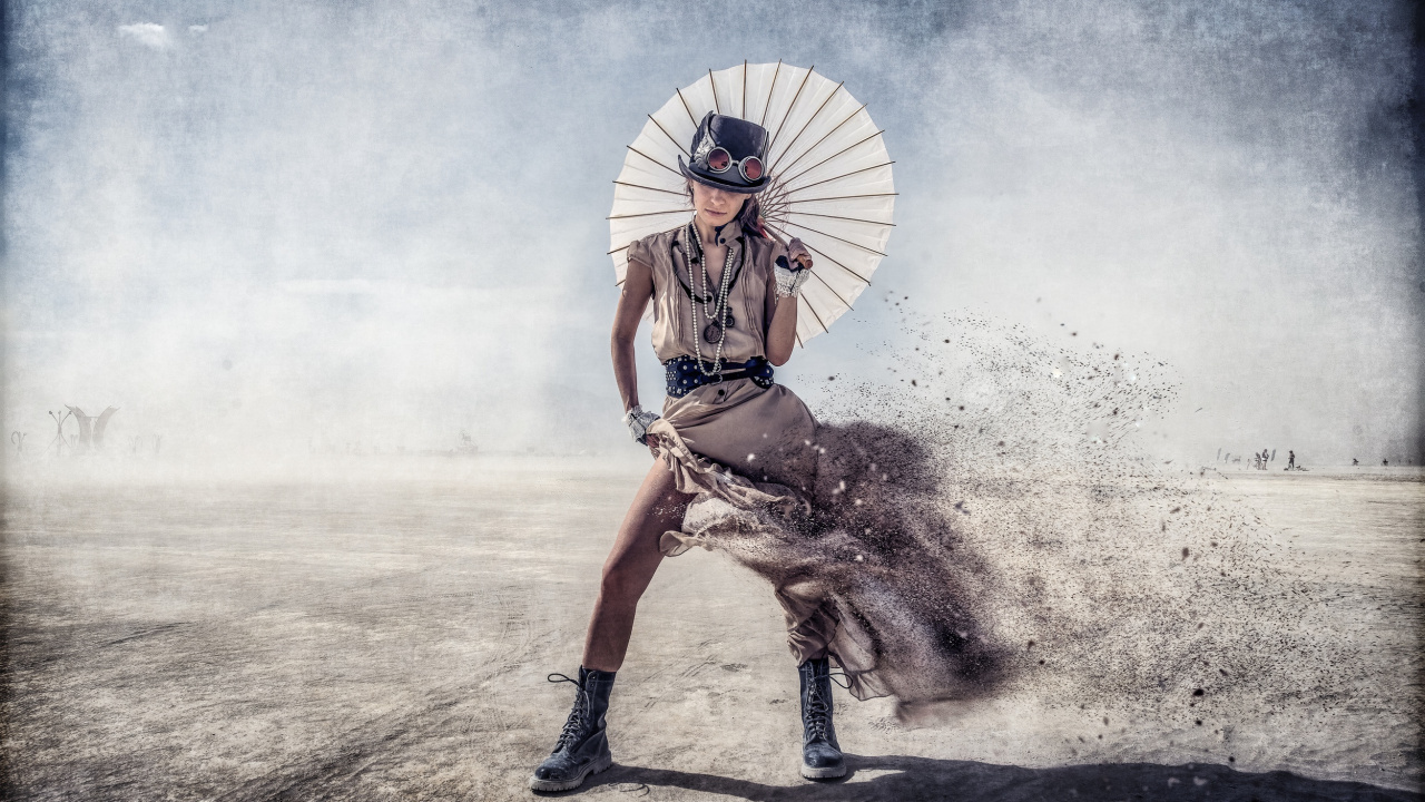 Frau in Braunem Und Schwarzem Kleid Mit Weißem Regenschirm. Wallpaper in 1280x720 Resolution