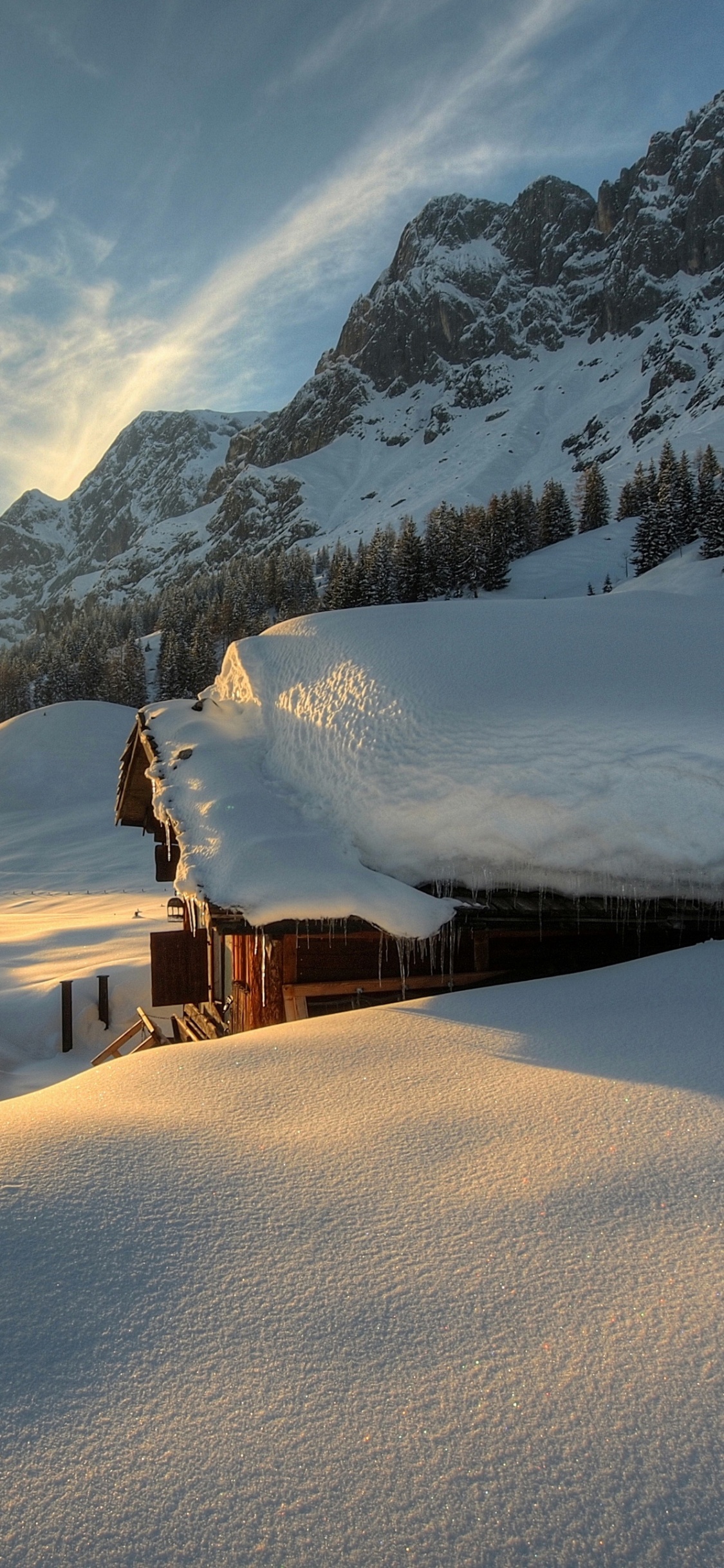 Maison en Bois Brune Sur la Montagne Couverte de Neige Pendant la Journée. Wallpaper in 1125x2436 Resolution
