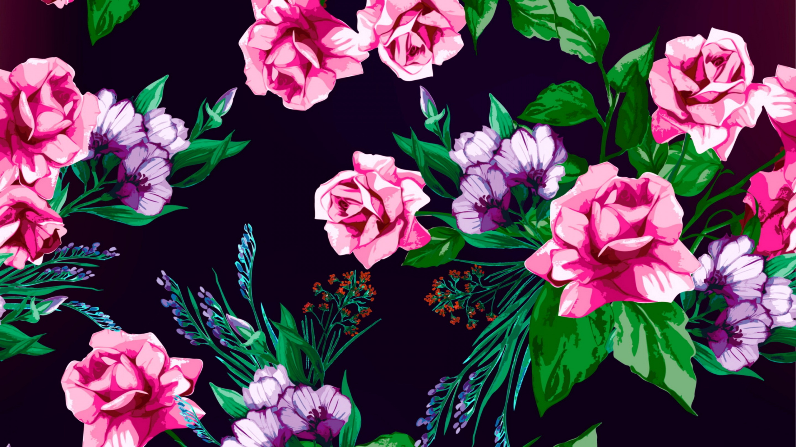 Flores Rosas y Blancas Con Hojas Verdes. Wallpaper in 2560x1440 Resolution