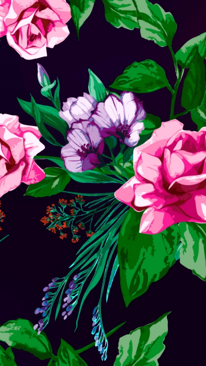 Flores Rosas y Blancas Con Hojas Verdes. Wallpaper in 720x1280 Resolution
