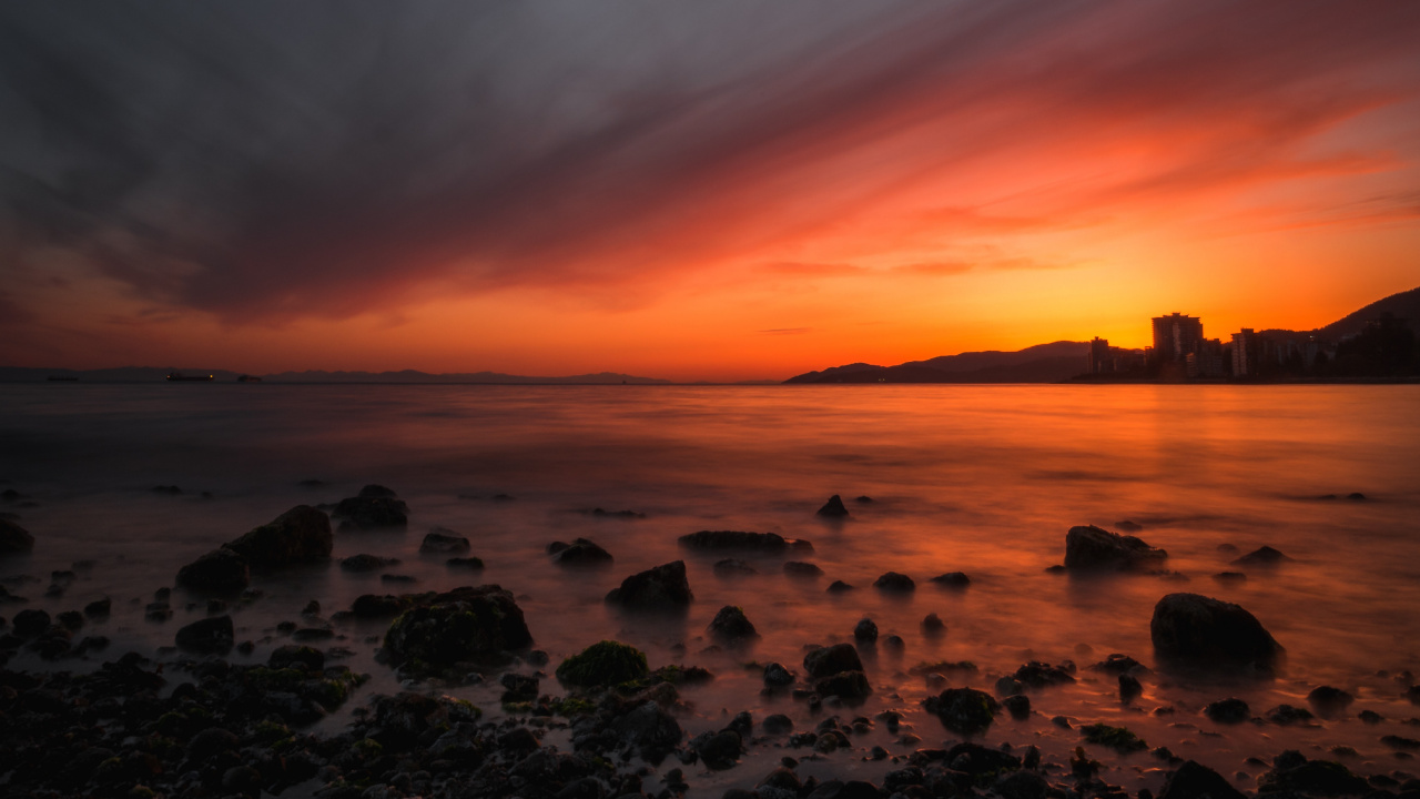 Sunset, Sea, Horizon, Shore, Afterglow. Wallpaper in 1280x720 Resolution