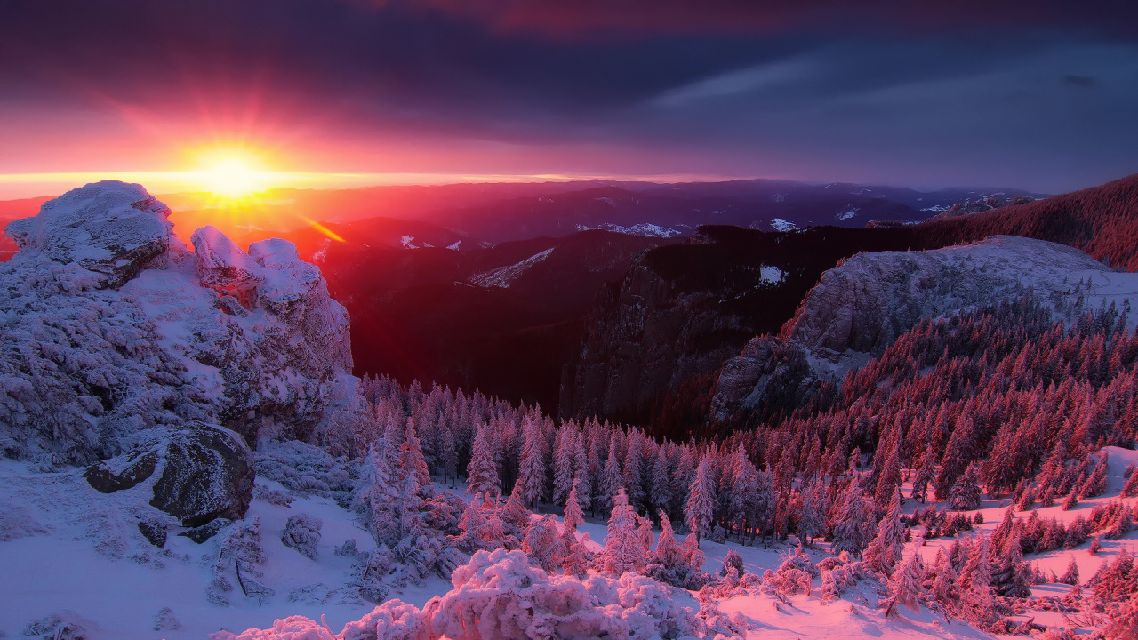 冬天, 山脉, 日落, 性质, 多山的地貌 壁纸 1280x720 允许