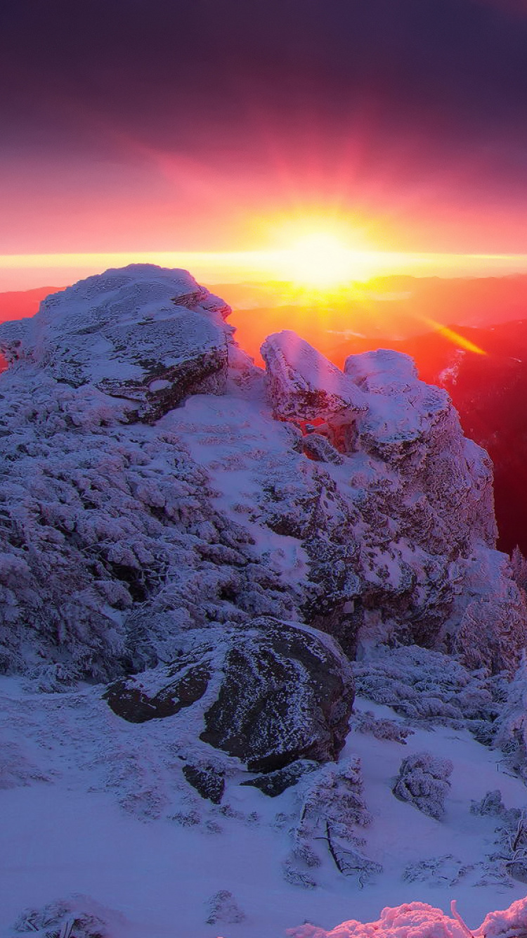 冬天, 山脉, 日落, 性质, 多山的地貌 壁纸 750x1334 允许