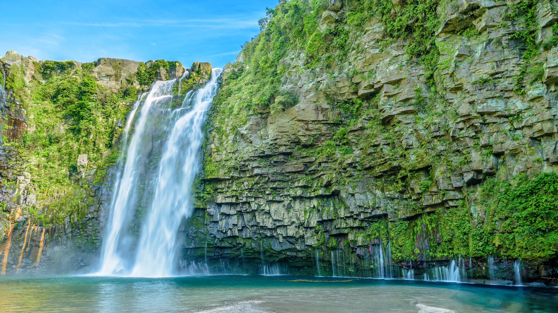 Water Falls on Rocky Mountain During Daytime. Wallpaper in 1920x1080 Resolution