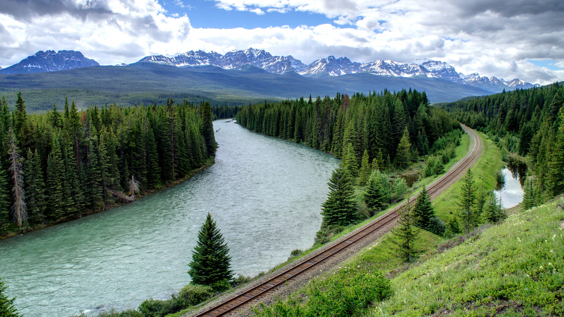 Green Pine Trees Near River Under White Clouds and Blue Sky During Daytime. Wallpaper in 1920x1080 Resolution
