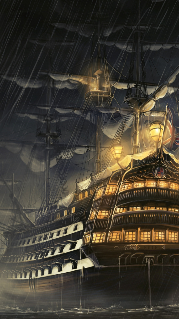 Braunes Und Weißes Schiff Auf Dem Wasser. Wallpaper in 750x1334 Resolution