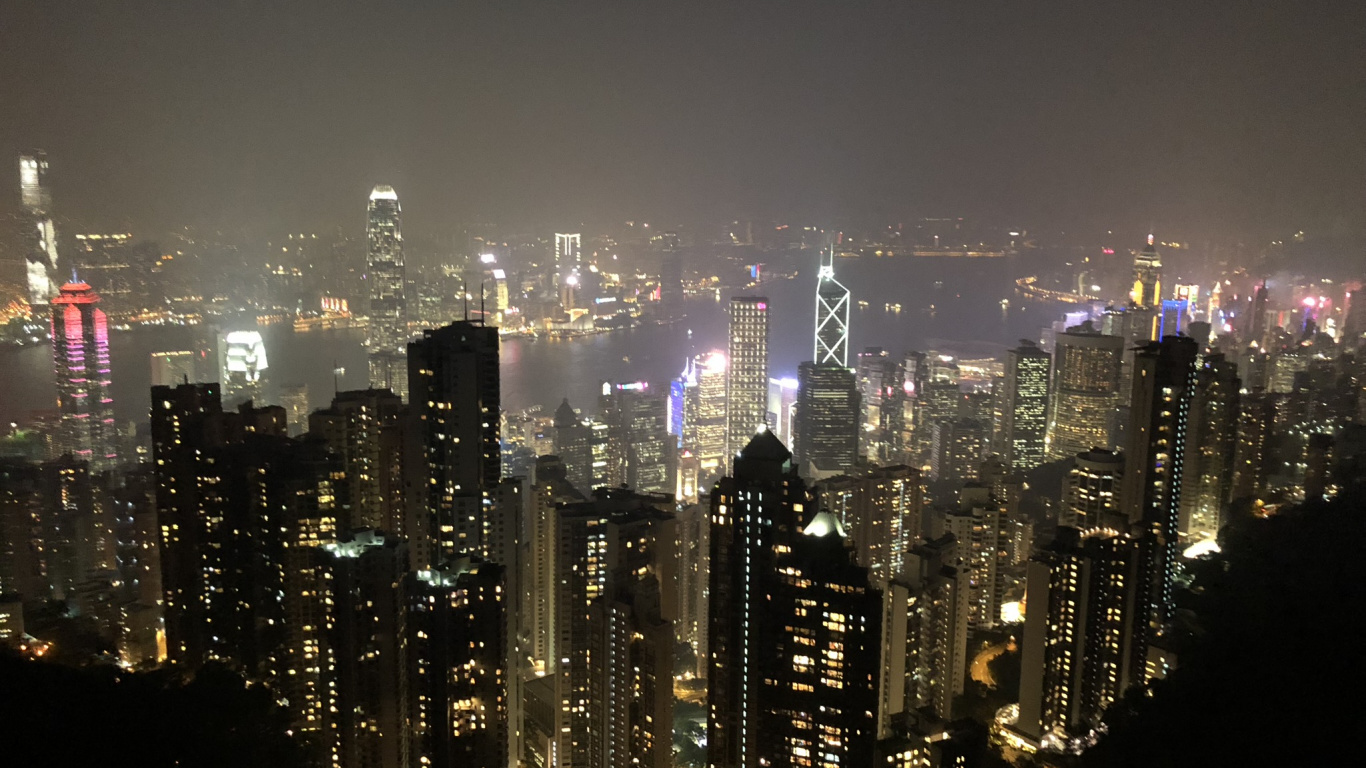 Hongkong, Victoria Harbour, Nacht, Tower Block, Metropole. Wallpaper in 1366x768 Resolution