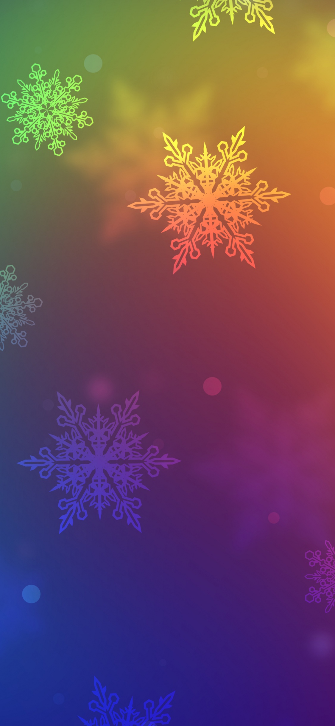 Bunte Schneeflocken, Schneeflocke, Regenbogen, Farbverlauf, Wasser. Wallpaper in 1125x2436 Resolution