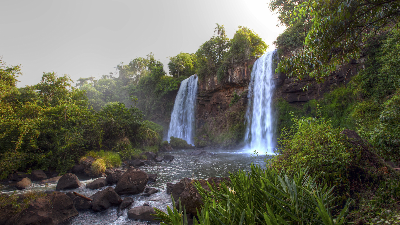 Waterfalls in The Middle of Forest During Daytime. Wallpaper in 1366x768 Resolution