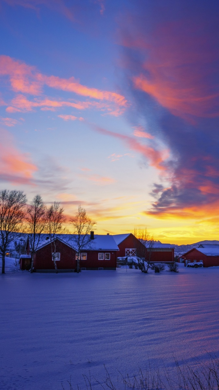 Houses on Snow Covered Ground During Sunset. Wallpaper in 720x1280 Resolution