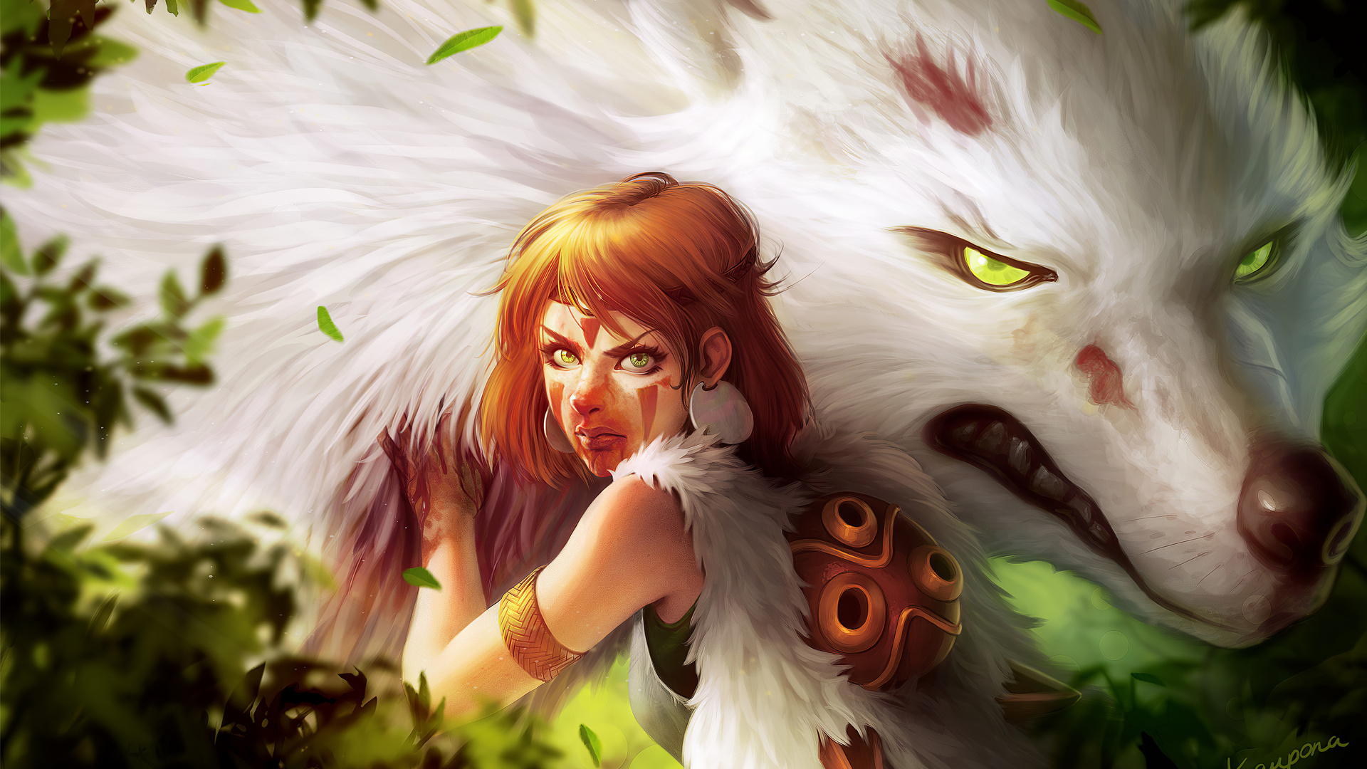 Princess Mononoke, Head, Illustration, Mythology, Plant. Wallpaper in 1920x1080 Resolution