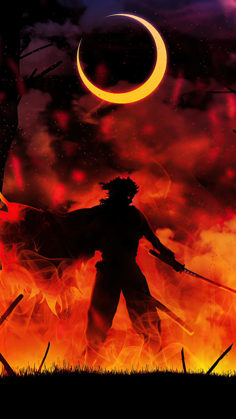 Rengoku-Silhouette, Tanjiro Kamado, Dämonentöter Kimetsu no Yaiba, Kyjur Rengoku, Anime. Wallpaper in 750x1334 Resolution