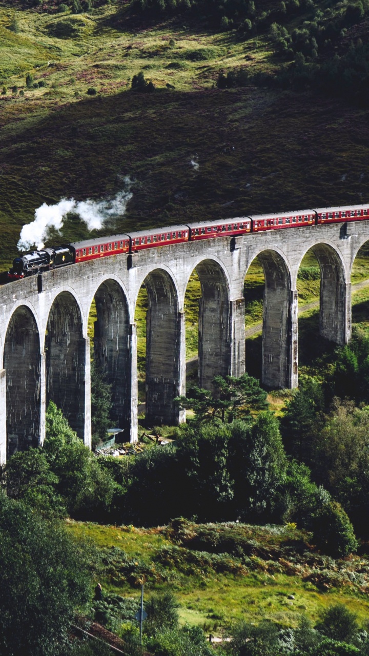 Bridge, Glenfinnan, Scottish Highlands, West Highland Line, Train. Wallpaper in 720x1280 Resolution