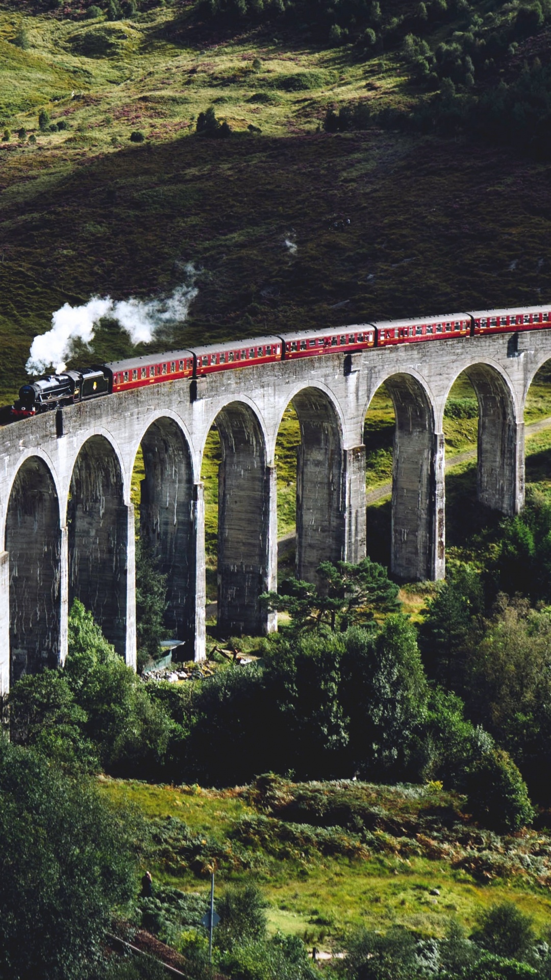 Brücke, Glenfinnan, Scottish Highlands, Westliche Hochlandlinie, Zug. Wallpaper in 1080x1920 Resolution