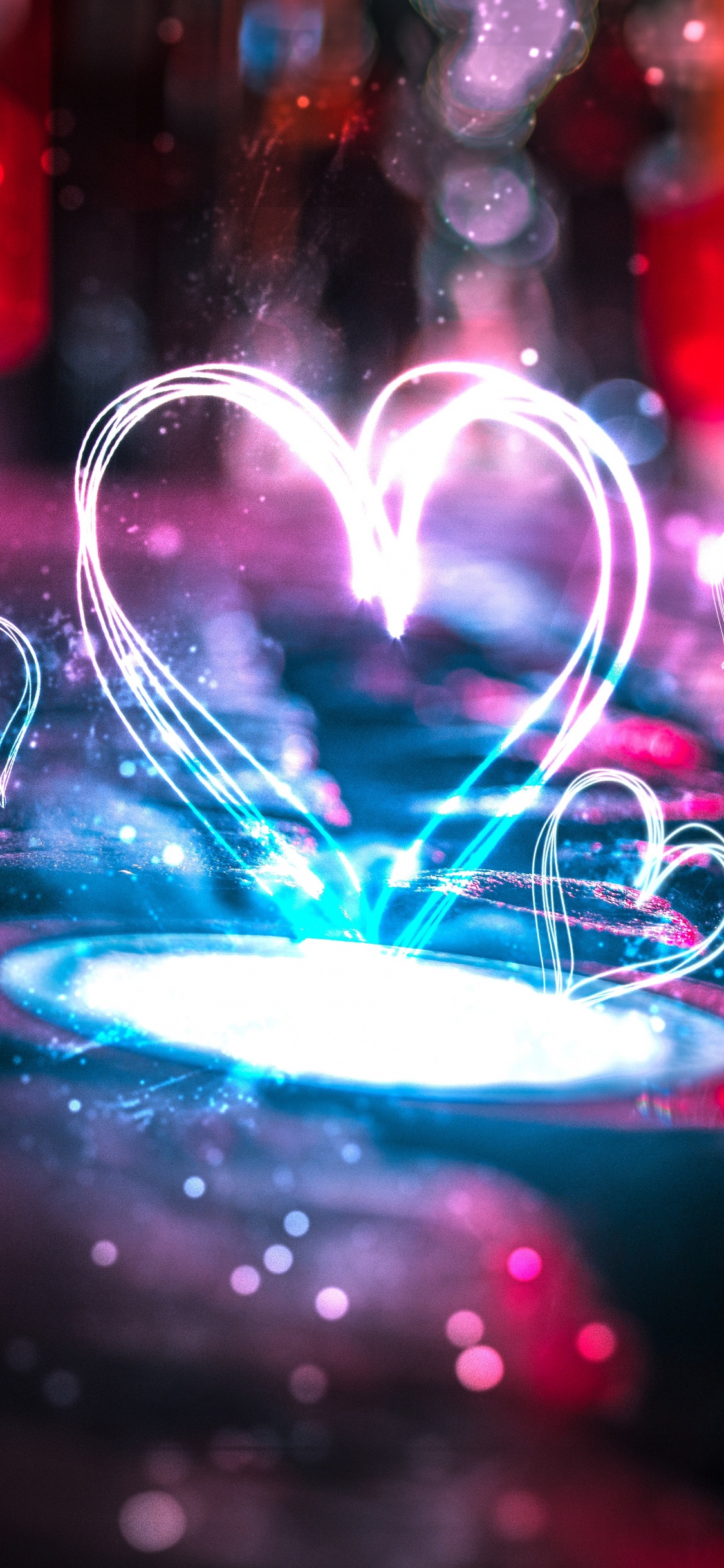 心脏, 光, 紫色的, 红色的, 粉红色 壁纸 1125x2436 允许