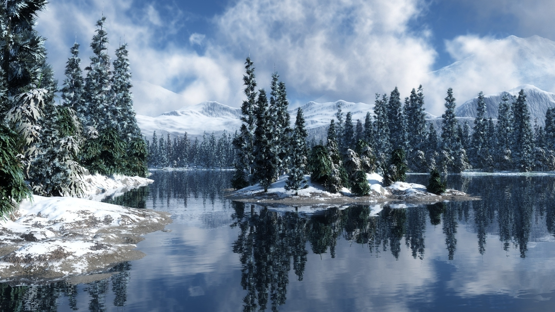 Green Pine Trees Near Lake Under Blue Sky During Daytime. Wallpaper in 1920x1080 Resolution