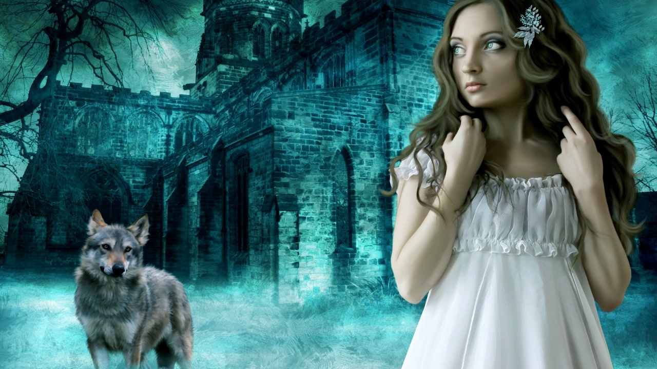 Woman in White Dress Standing Near Gray Wolf. Wallpaper in 1280x720 Resolution