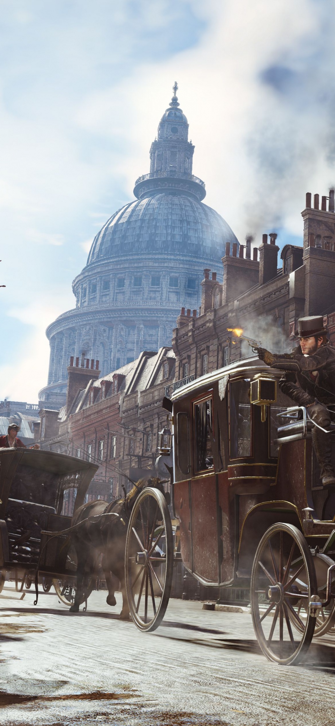 Man in Red Jacket Riding on Black Horse Carriage Near White Concrete Building During Daytime. Wallpaper in 1125x2436 Resolution