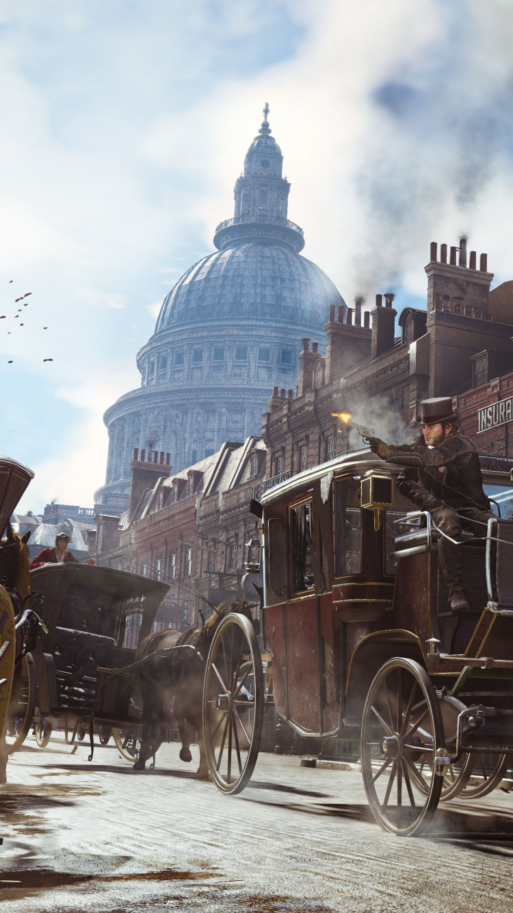 Hombre de Chaqueta Roja Cabalgando Sobre un Carruaje de Caballos Negro Cerca Del Edificio de Hormigón Blanco Durante el Día. Wallpaper in 750x1334 Resolution