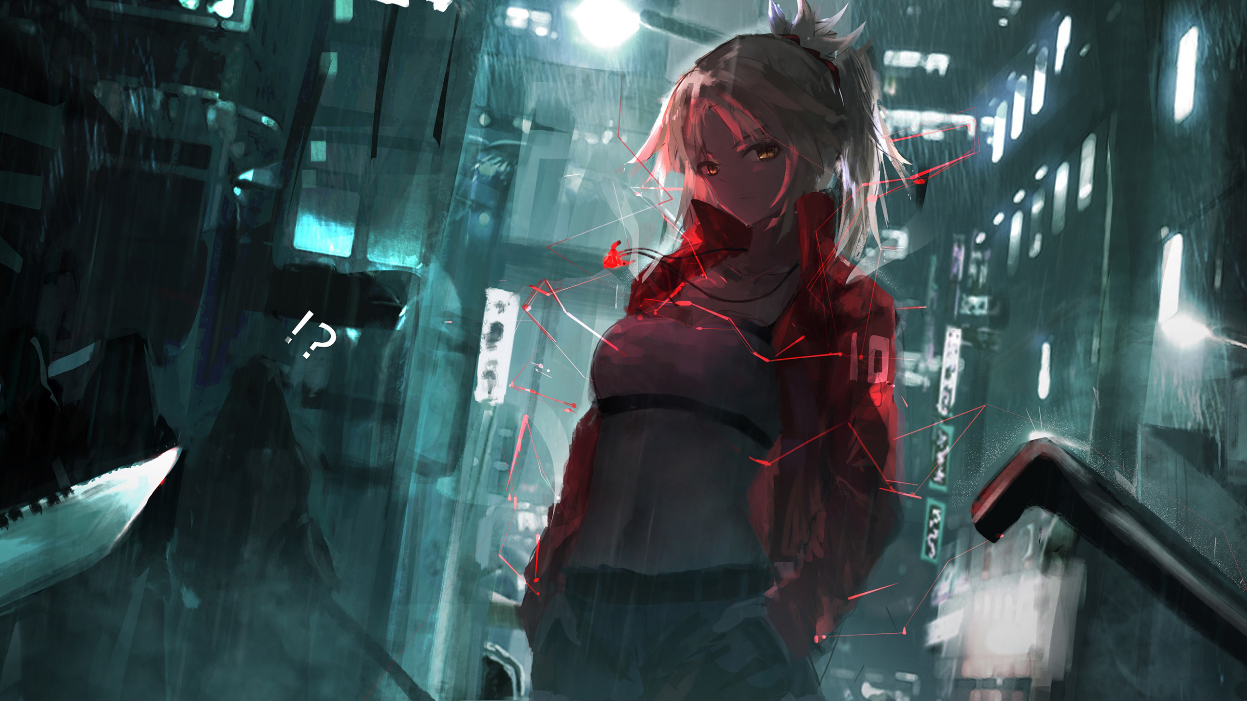 Femme en Écharpe Rouge et Veste Noire Debout Devant un Mur de Verre. Wallpaper in 2560x1440 Resolution