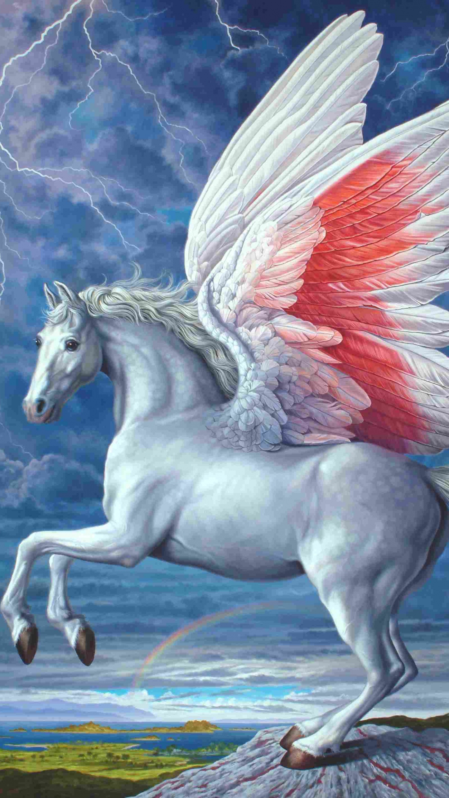 Cheval Blanc Avec Peinture Ailes Rouges. Wallpaper in 1440x2560 Resolution