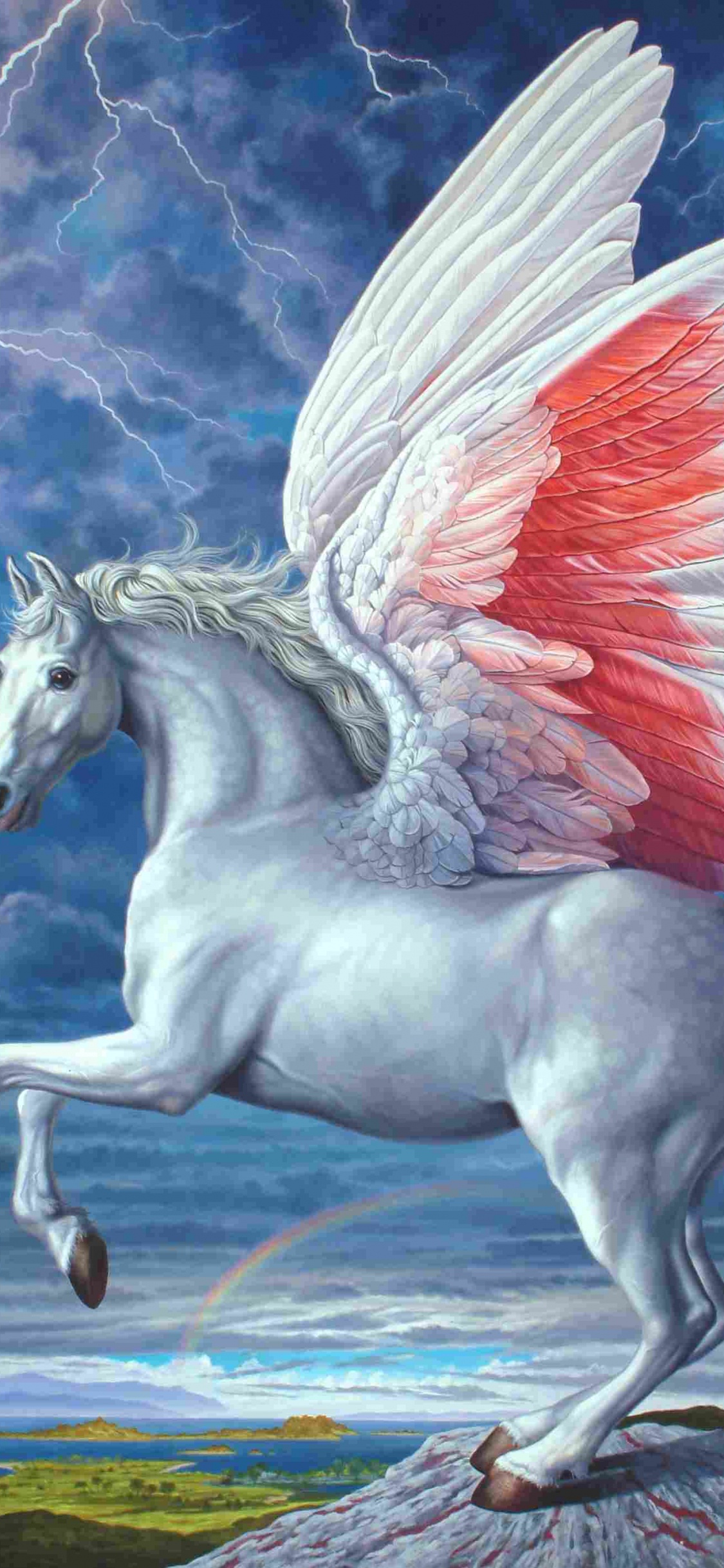 Caballo Blanco Con Alas Rojas Pintura. Wallpaper in 1125x2436 Resolution