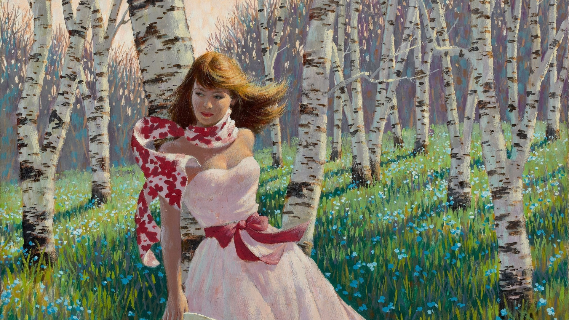 Fille en Robe Rose Debout Sur le Champ D'herbe Verte. Wallpaper in 1920x1080 Resolution