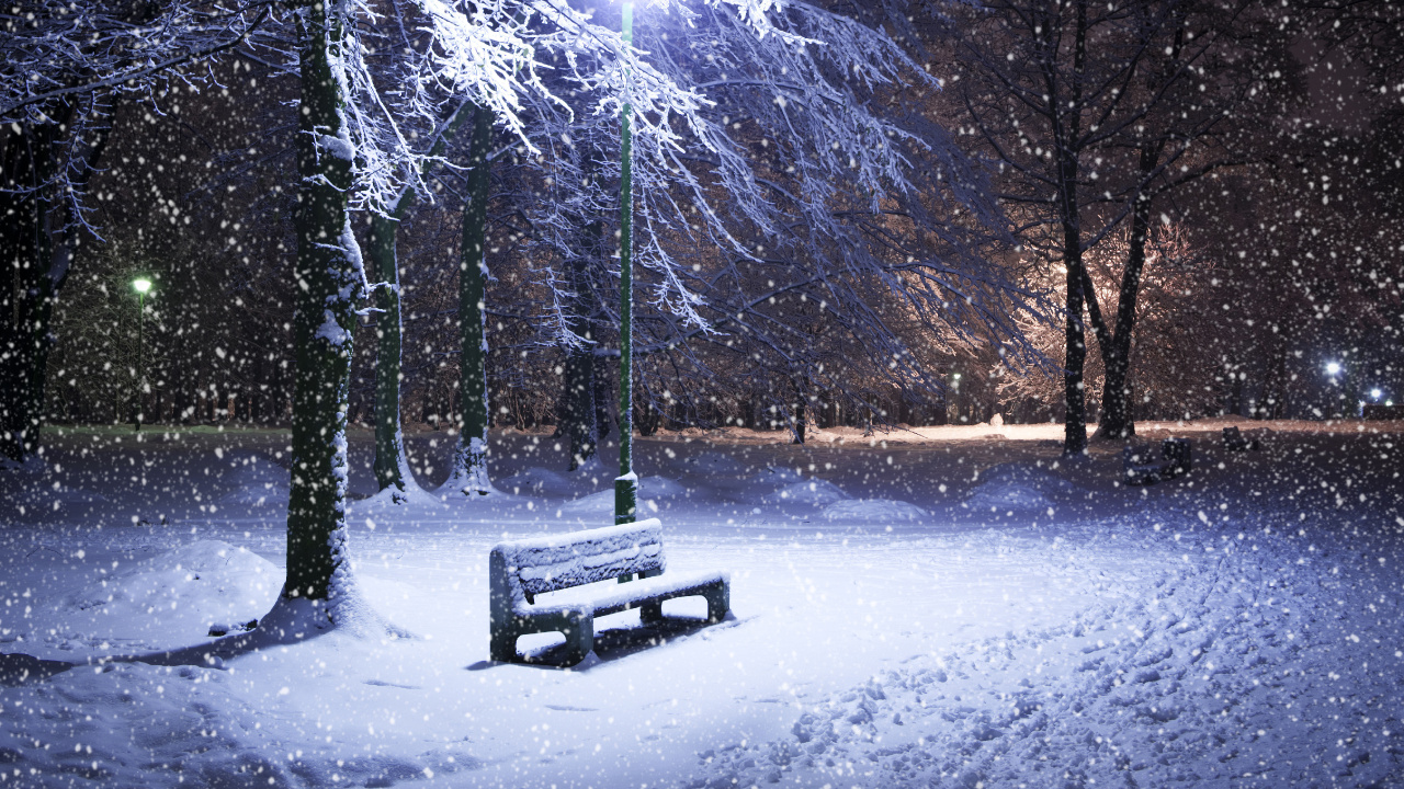 Brown Wooden Bench on Snow Covered Ground. Wallpaper in 1280x720 Resolution