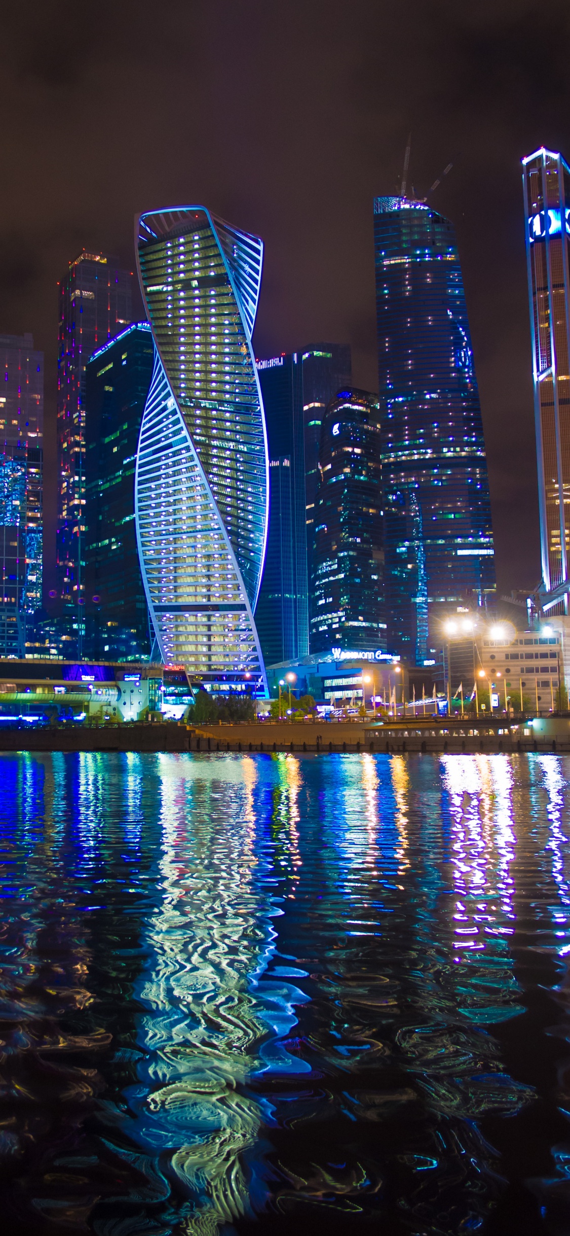 Skyscraper, Moscow, Telephone, Megaphone, Water. Wallpaper in 1125x2436 Resolution