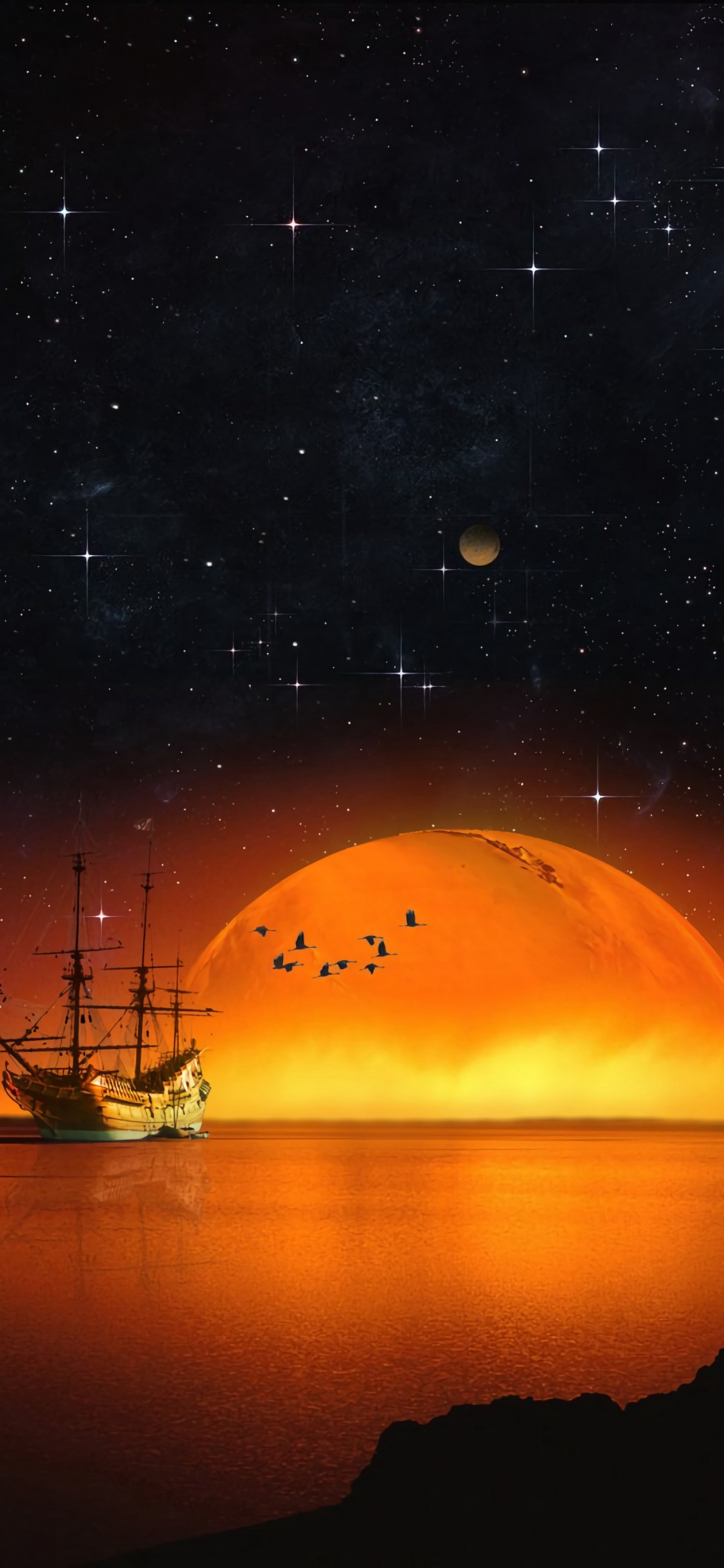 Boot Auf Dem Wasser Während Der Nacht. Wallpaper in 1125x2436 Resolution