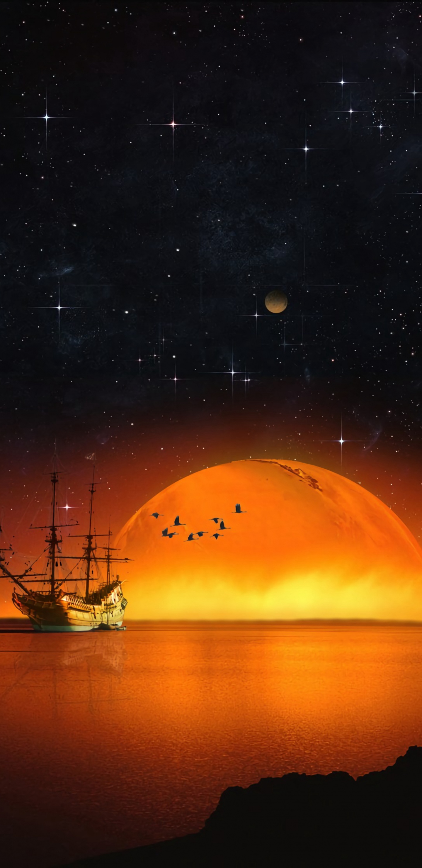 Boot Auf Dem Wasser Während Der Nacht. Wallpaper in 1440x2960 Resolution