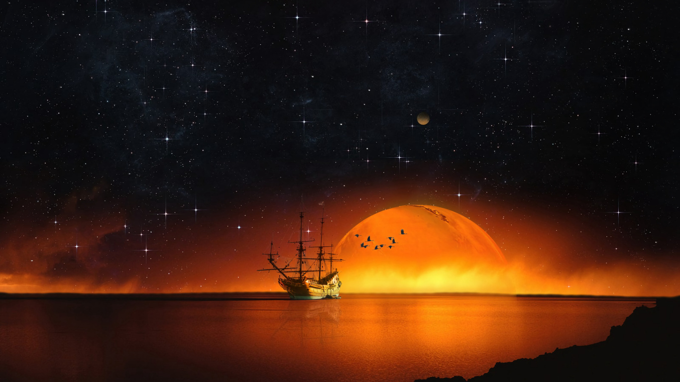 Bateau Sur L'eau Pendant la Nuit. Wallpaper in 1366x768 Resolution