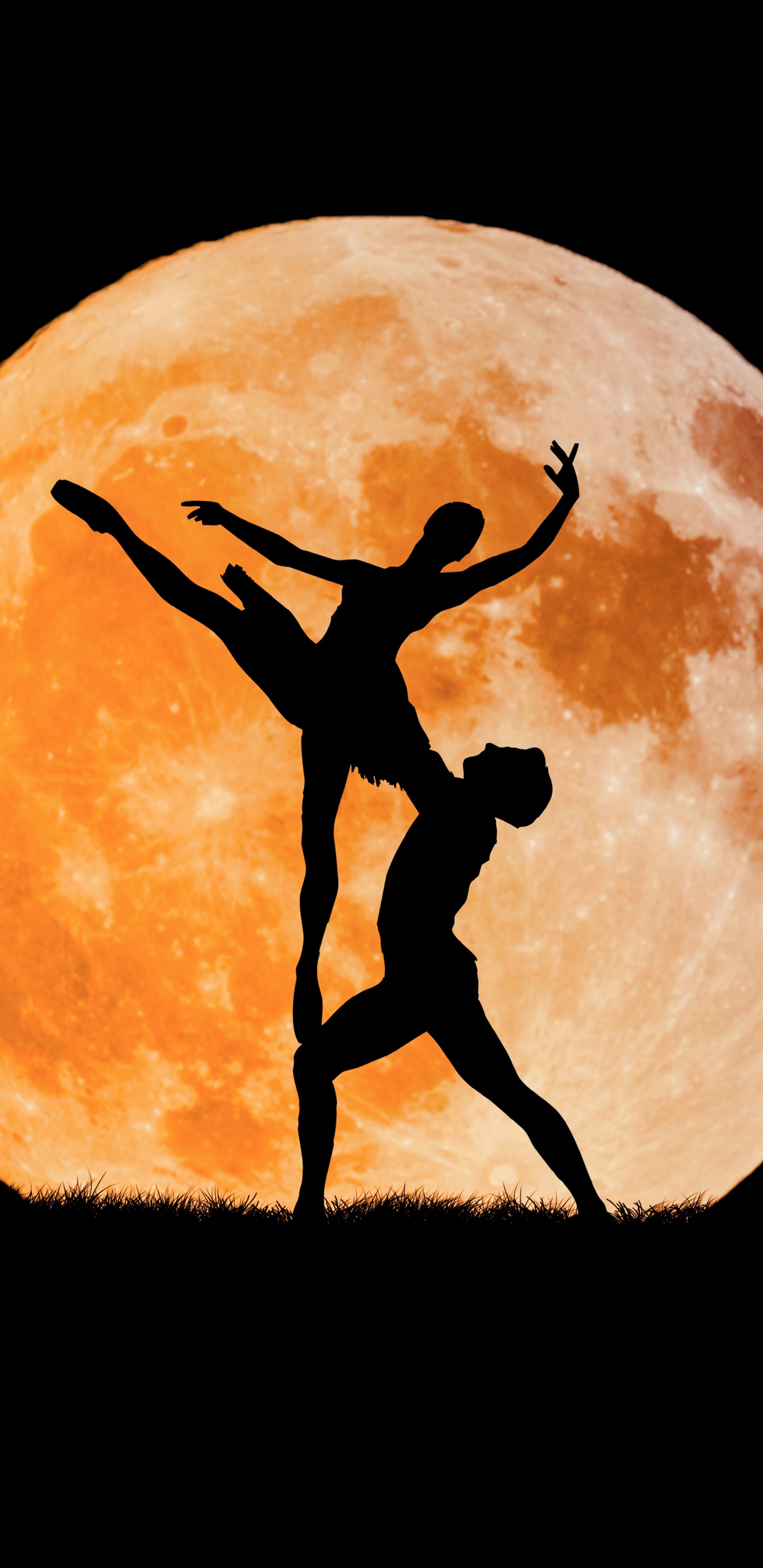 Silhouette of Man and Woman Kissing Under Moon. Wallpaper in 1440x2960 Resolution