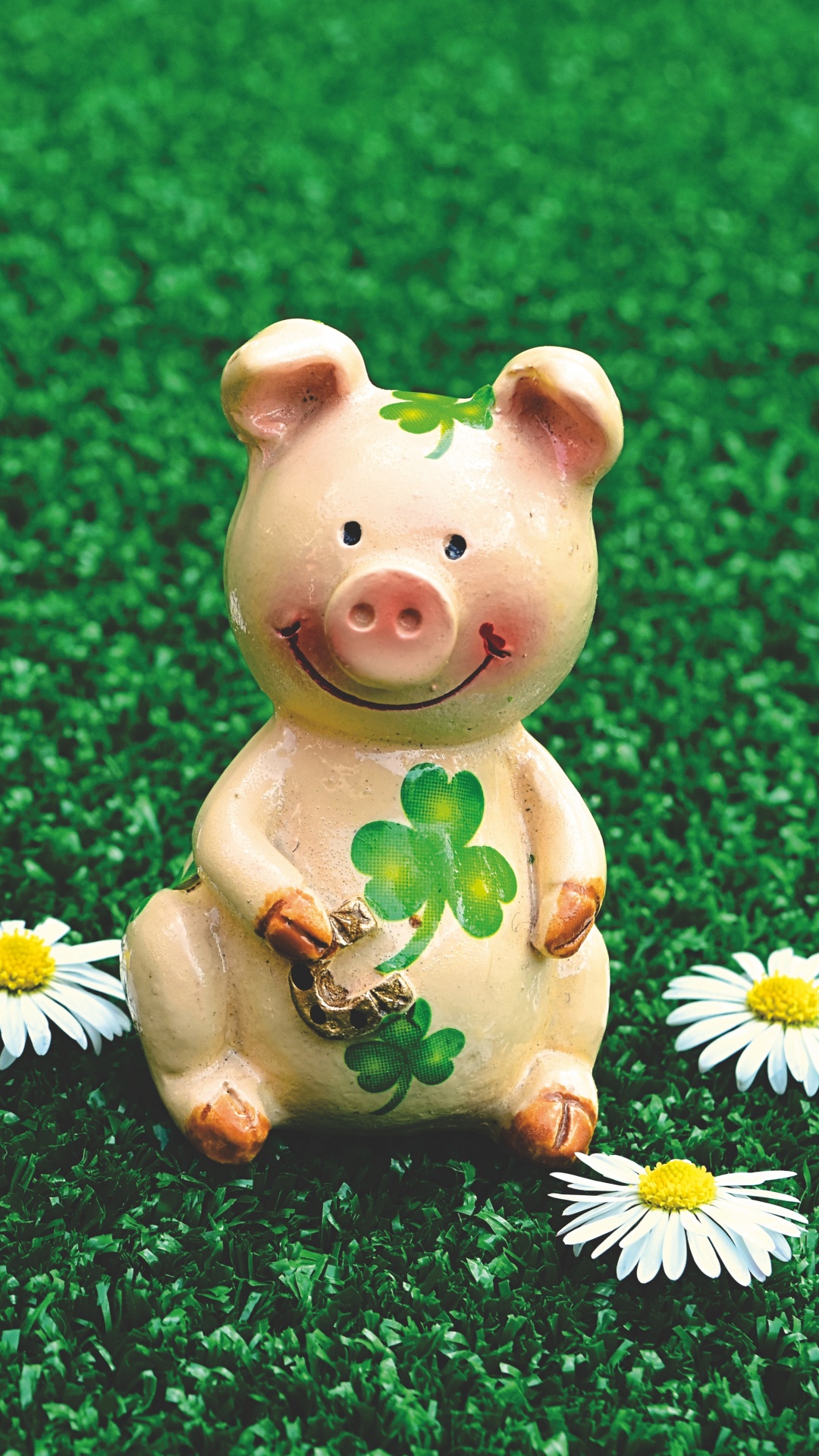 Pink Pig Ceramic Figurine on Green Grass Field. Wallpaper in 1080x1920 Resolution