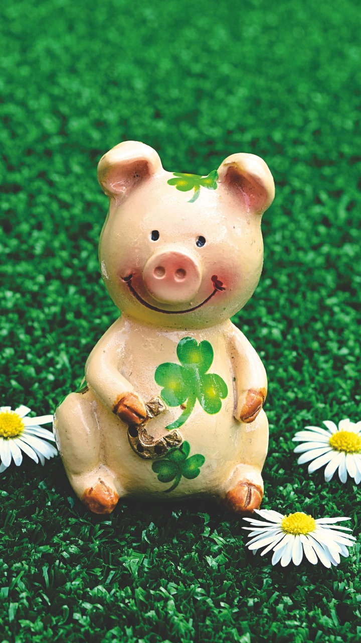 Pink Pig Ceramic Figurine on Green Grass Field. Wallpaper in 720x1280 Resolution